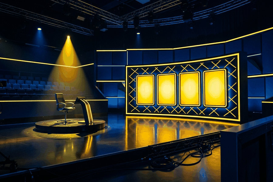 Papan jawaban kuis menyala di studio televisi dengan kursi peserta